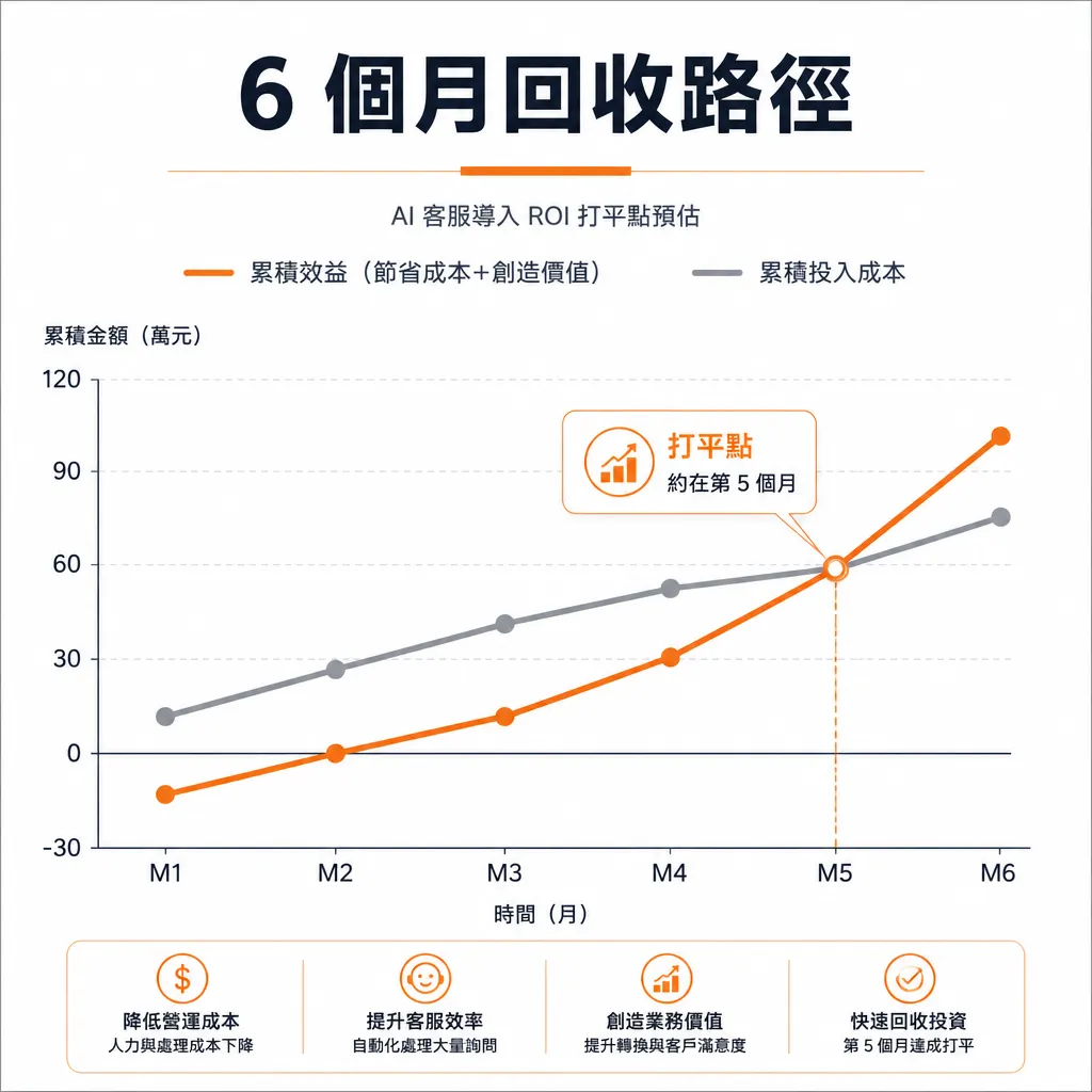 六個月份的成本與效益折線在第五個月交叉，顯示投資回收點。