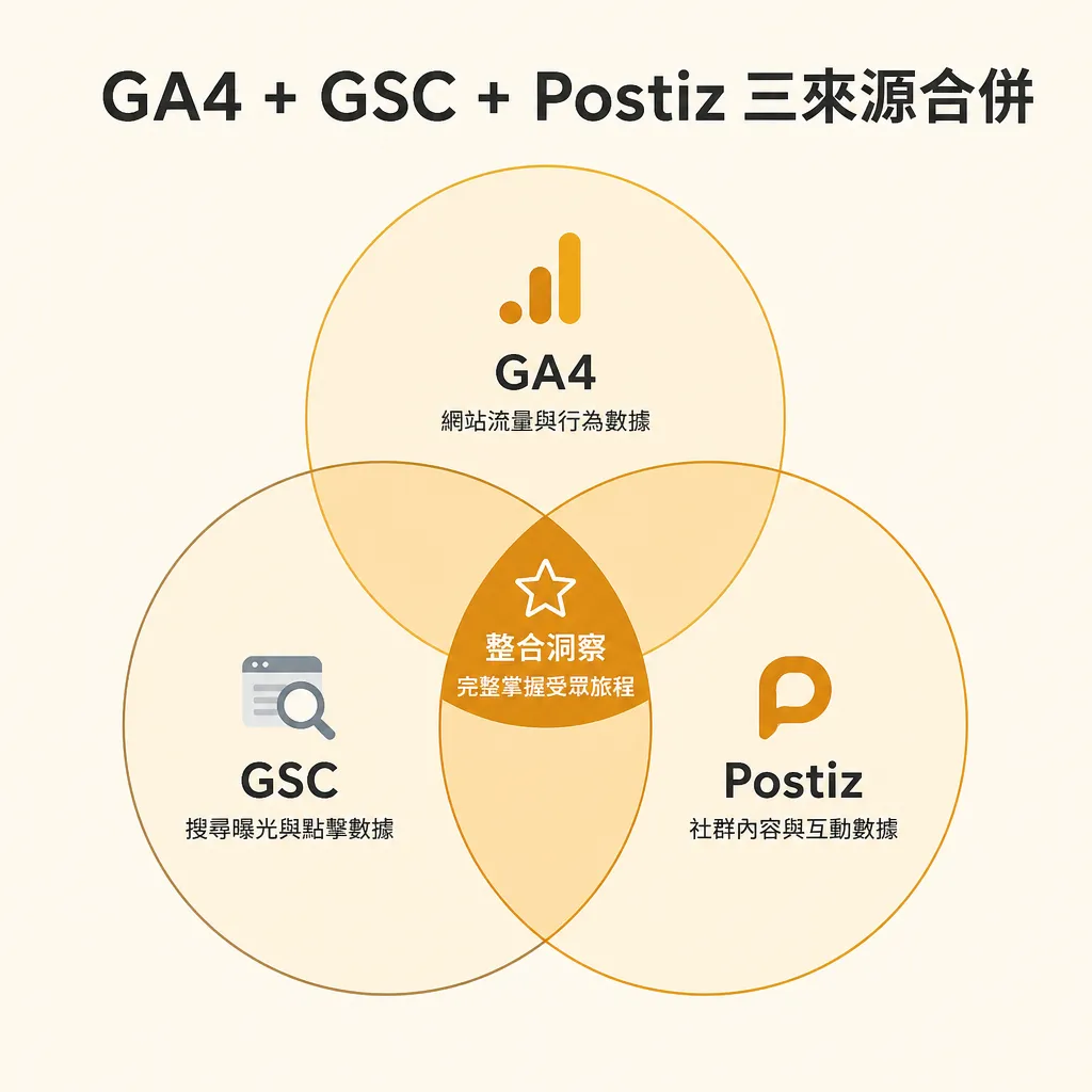 「GA4 + GSC + Postiz 三來源合併」標題搭配三圓交集示意圖