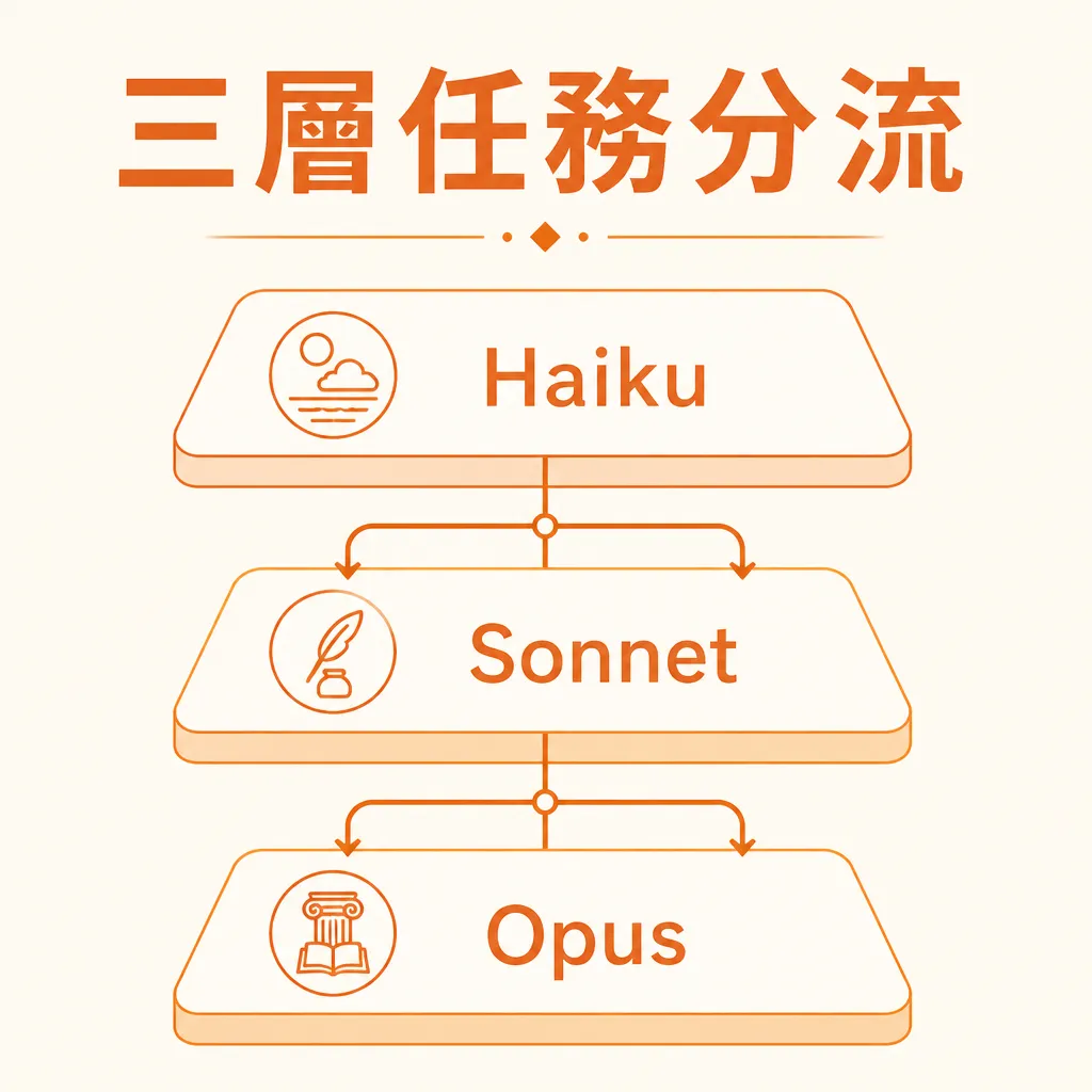 「三層任務分流」標題搭配 Haiku Sonnet Opus 三層路由示意圖