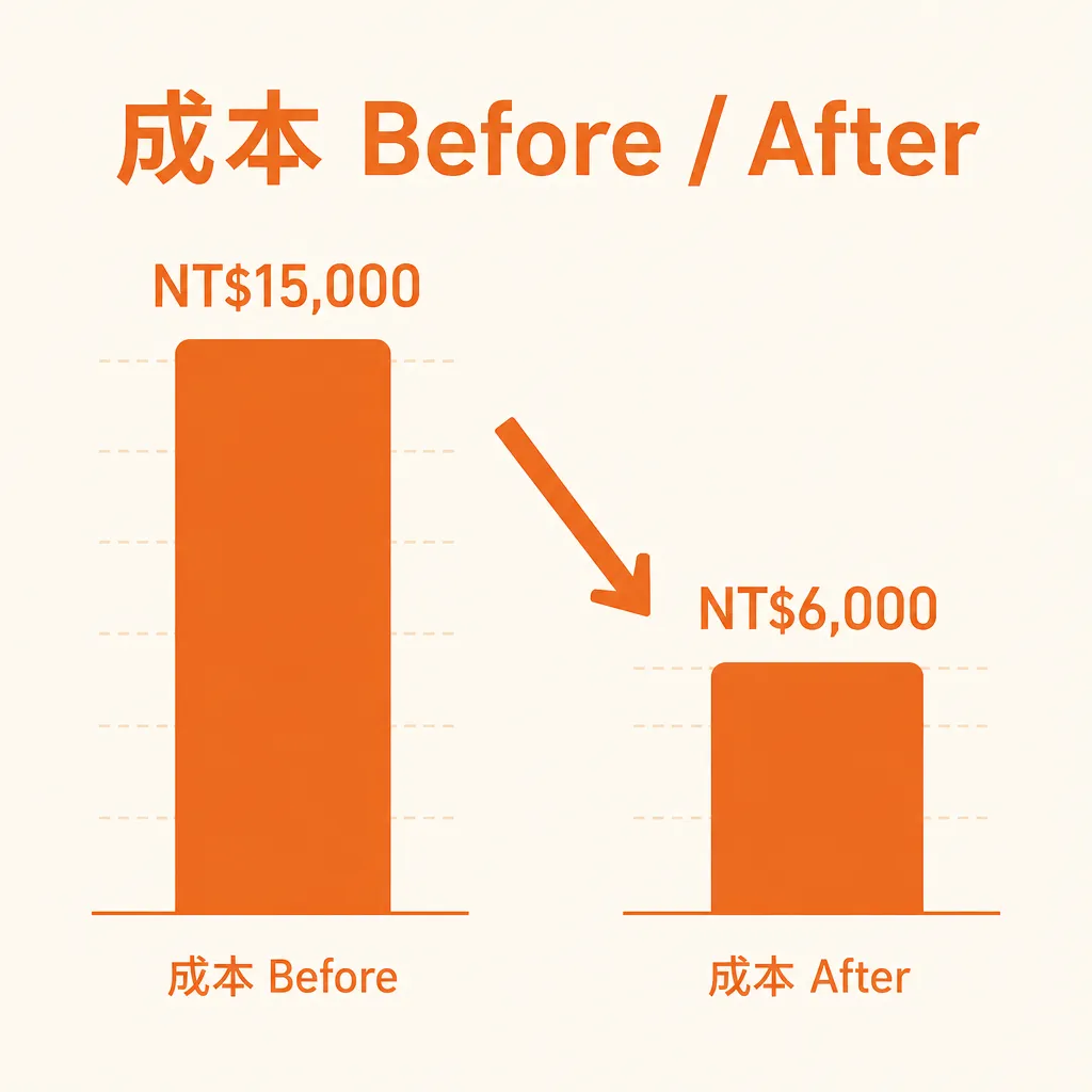 「成本 Before/After」標題搭配兩根柱狀圖呈現從一萬五千降到六千的對比
